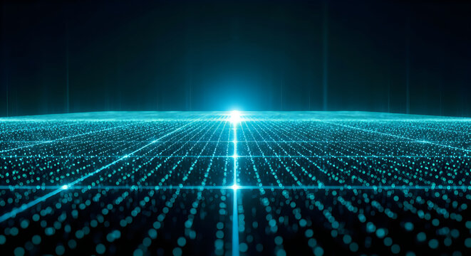 Glowing blue digital grid composed of shimmering particles extending into the distant horizon under a dark and moody atmosphere backdrop