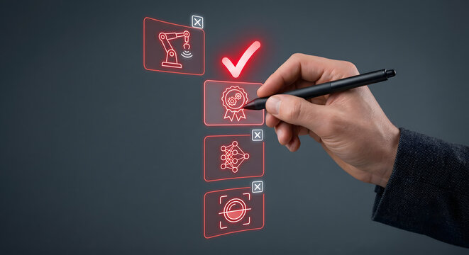 Engineer hand checking quality control icon on virtual screen with robotic arm and neural network.