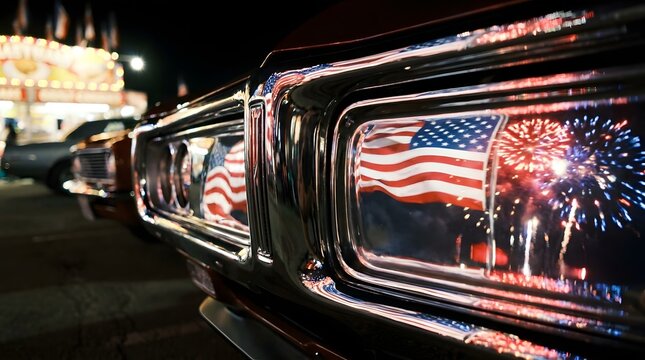 Reflecting on the 4th july celebration with fireworks and the American flag shimmering on the chrome grill of a vintage classic muscle car at night