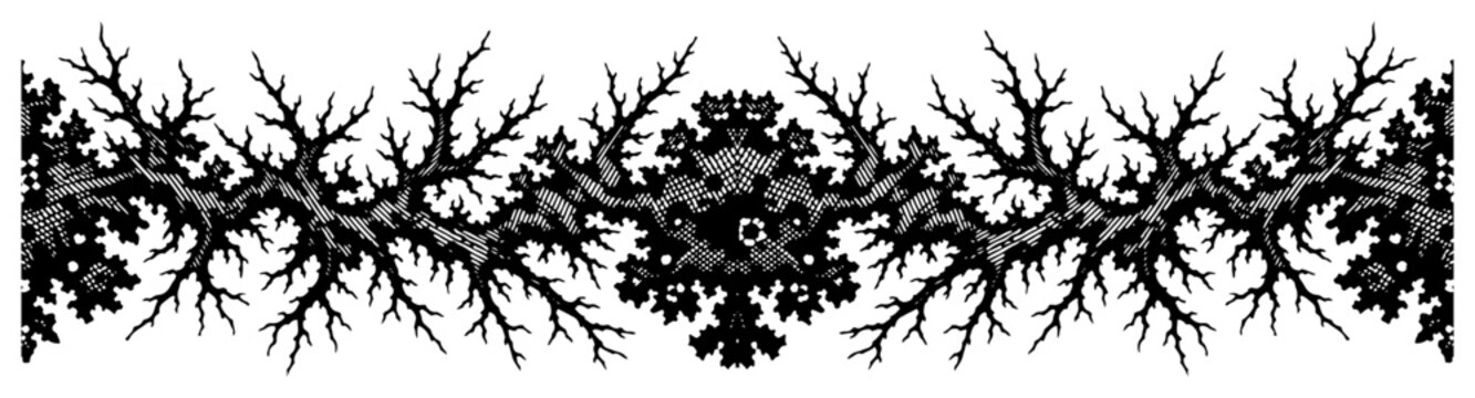 Symmetrical fractal pattern horizontal border, organic branching lace ornament decorative element in black and white
