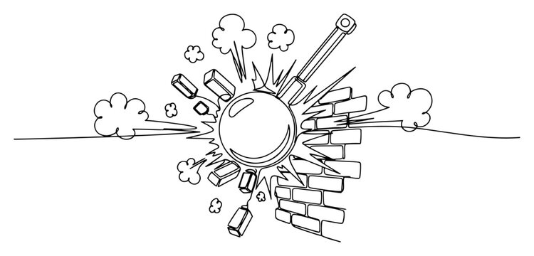 Wrecking ball smashing brick wall continuous line drawing, minimalist demolition and destruction action one line art vector