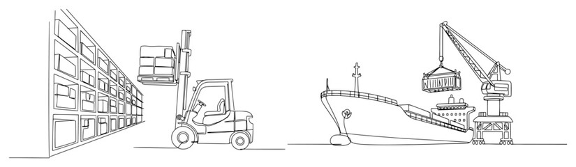 Warehouse logistics and cargo ship loading set continuous line drawing, forklift and crane operations minimalist one line art vector © Luka