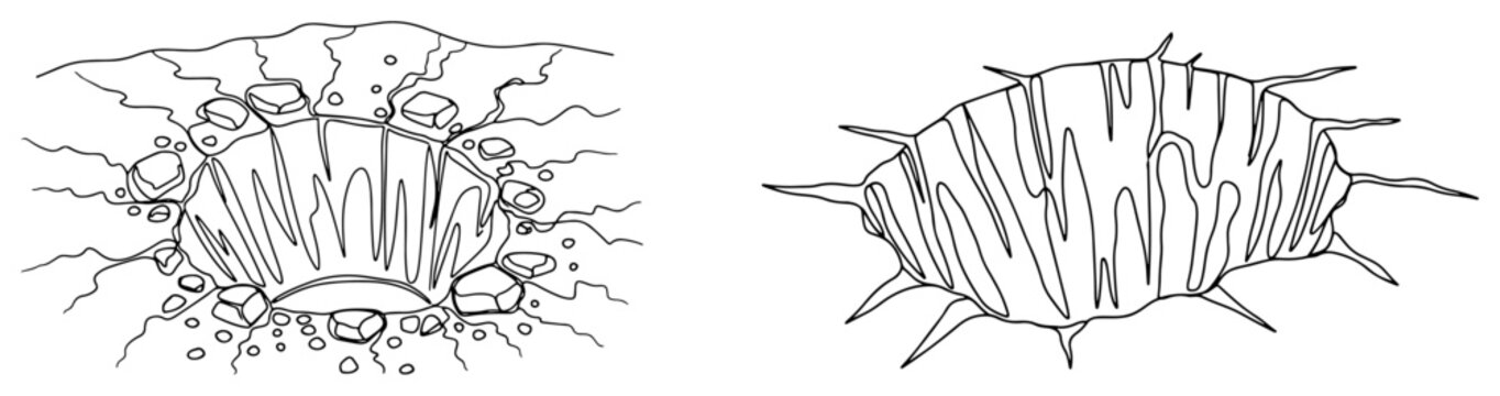 Ground hole and crater set continuous line drawing, minimalist pit or earth impact one line art vector illustration