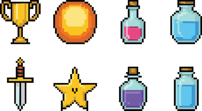 Pixel game asset collection illustration, retro gaming icons with trophy potion sword and star vector set