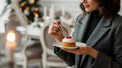 Obraz premium Stylish woman eating raspberry cake in restaurant. Close-up of person enjoying sweet dessert during Christmas holidays. Cozy festive atmosphere with bokeh lights