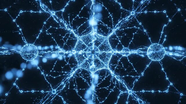 Dynamic visualization of a futuristic neural network, showcasing glowing blue particles forming complex connections and data flow within a digital brain environment.