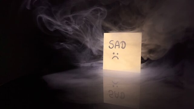 A hand swapping the "SAD" and "HAPPY" notes as a symbol of transformation and change of mood.