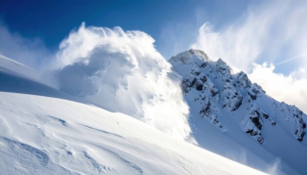 Massive snow avalanche cascading down a rugged, ice-covered mountain peak under a bright blue sky during winter