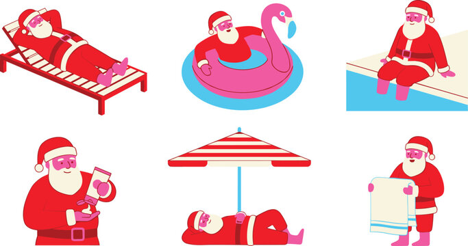 Christmas Santa Claus Beach Vacation Character Icon Set with Festive Holiday Mascot Relaxing on Lounge Chair Flamingo Pool Float and Under Umbrella