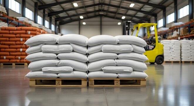 Stacked white fabric bales neatly arranged on wooden pallets in a large warehouse with industrial lighting and shelving.