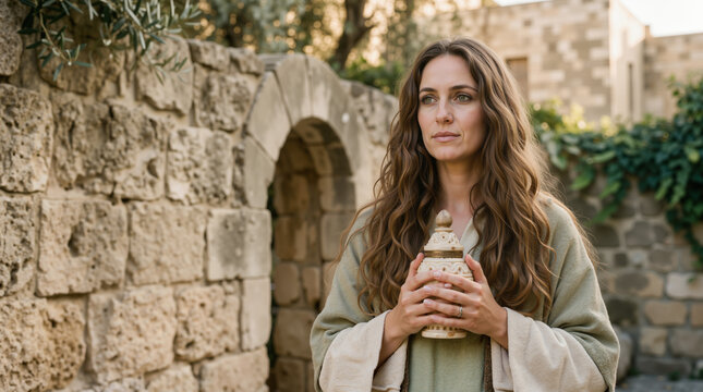 Mary Magdalene holding an alabaster jar. Biblical portrait of a woman in ancient attire. Religious historical scene