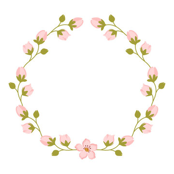 Frame with apple blossoms. Circle border with pink spring flowers isolated on white background. Design for invitations, greeting cards and wedding invitations.