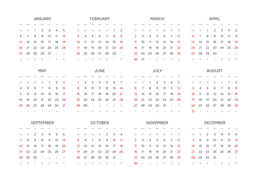 English 2036 Horizontal 4x3 Grid Professional Annual Calendar Clean Minimalist 12 Month Grid (Compatible with 2064).