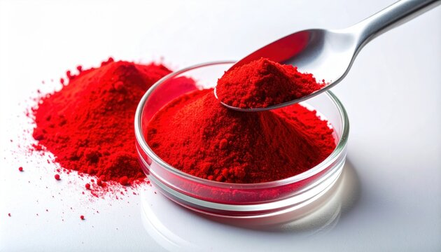 Bright red potassium permanganate powder in a glass bowl with a spoon, isolated on a white background, showcasing laboratory analysis