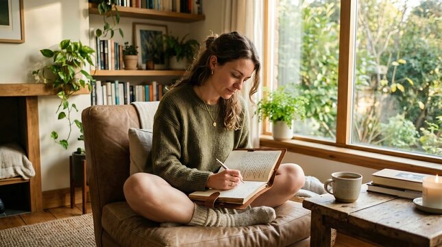 Woman sitting in living room writing in journal by window