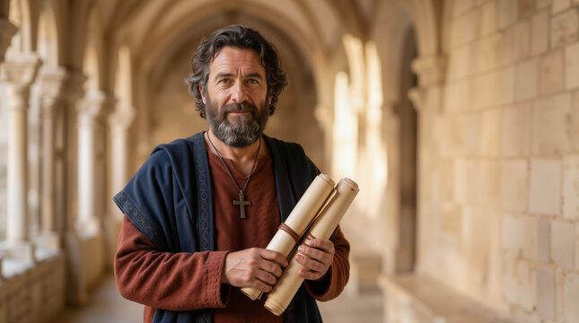 Waist up portrait of Saint Bartholomew holding ancient scrolls. Religious figure in a stone cloister. Biblical character concept