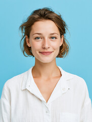 Fototapeta premium recruiter portrait with confident smile on blue background, approachable healthcare recruitment specialist in modern studio portrait, trusted professional woman representing medical branding 