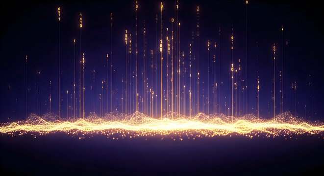 Glowing digital binary data streams rising from a complex golden network landscape against a dark blue abstract background setting scene