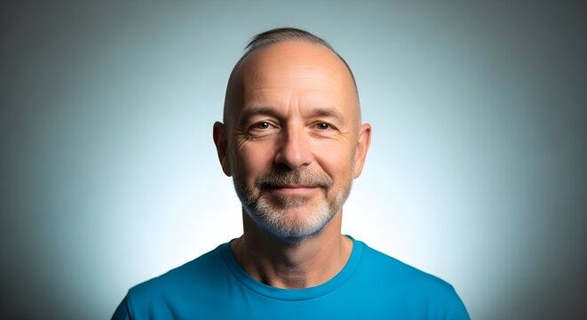 Middle-aged man with a shaved head and short beard smiles warmly while wearing a bright blue athletic shirt against a soft gradient background.