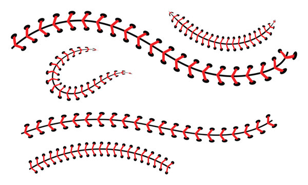 Baseball stitches lace vector set. Different pattern with a red thread arc. Vector illustration.