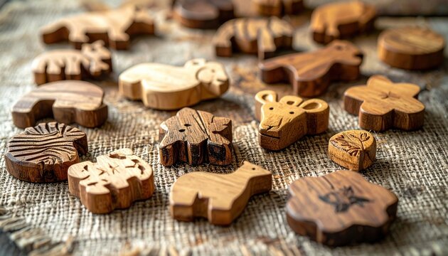 A delightful collection of hand-carved wooden animal tokens showcasing natural textures and intricate details