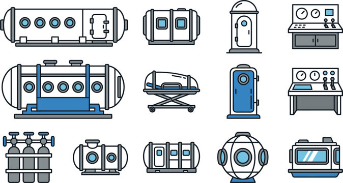 Medical Hyperbaric Oxygen Therapy Chamber Icon Set with Diving Decompression Tanks Control Panels and Oxygen Cylinders for Healthcare Infographics