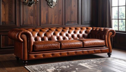 Naklejka premium A luxurious brown curved leather Chesterfield sofa with button tufting, set against a dark wood paneled wall and patterned rug.