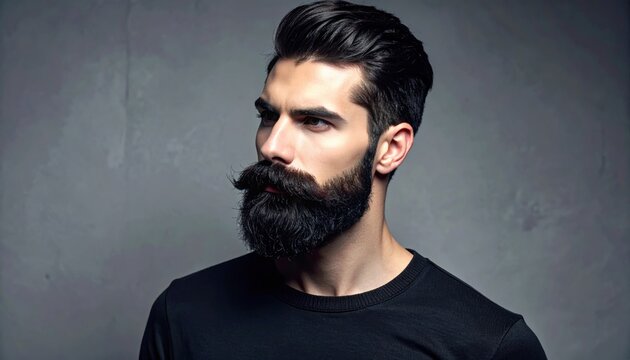 A handsome man with a precisely trimmed dark beard and mustache showcasing a stylish haircut