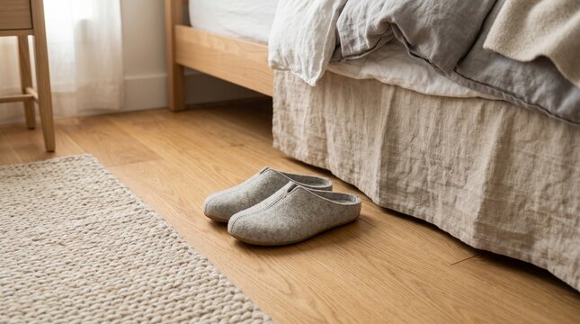 Close up of grey felt slippers placed on a light wooden floor beside a neatly made bed with linen bedding and a textured rug. Cozy lifestyle, home comfort, peaceful morning.