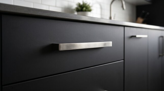 Close up of a dark grey kitchen cabinet with a sleek brushed metal drawer handle. Modern interior, home renovation, contemporary design.