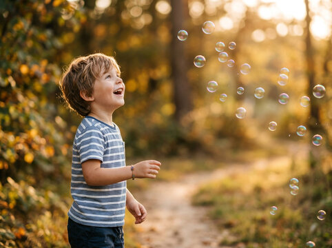Ni&ntilde;o mirando burbujas de jab&oacute;n