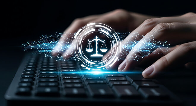 Law and justice digital technology scales of justice symbol.
