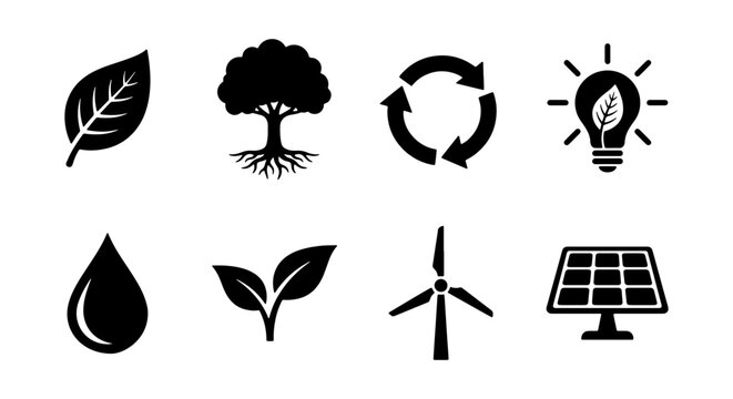 Eco Icons Set: Green Energy, Nature Symbols, Sustainability Concepts, Renewable Resources, Vector Graphics