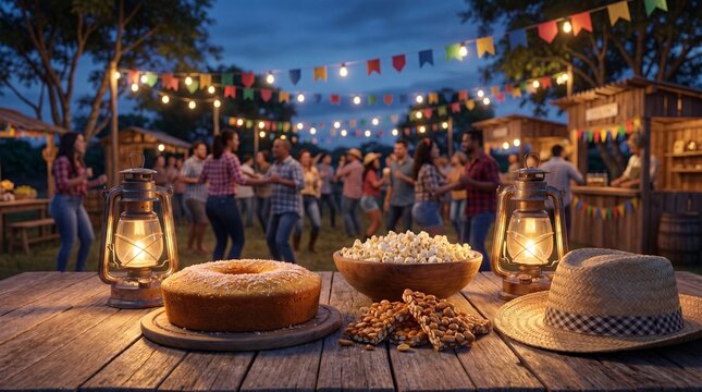 A festive table with corn cake, peanuts, and a straw hat at a Brazilian Festa Junina celebration, with people dancing in the background under colorful lights.