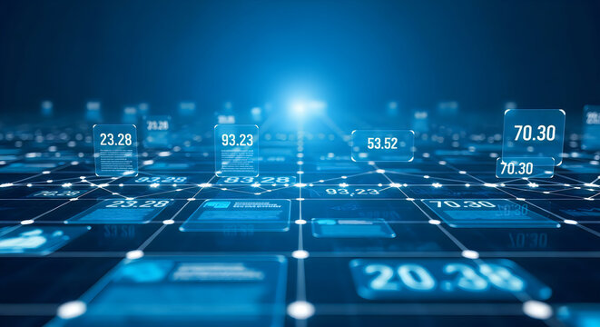 Digital blue data visualization interface showing complex financial statistics and network connections floating over a dark glowing abstract tech grid