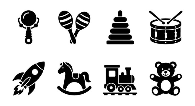 Vector Toy Icons Set: Baby Rattle, Maracas, Stacking Rings, Drum, Rocket, Rocking Horse, Train, Teddy Bear, Children's Play