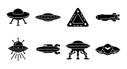 Alien Spaceship Icons, UFO Vector Set, Flying Saucer Graphics, Extraterrestrial Craft Collection, Sci-Fi Technology © Shohel