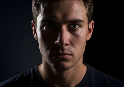 Young man with serious expression stares intensely forward against a dark, shadowy background emphasizing facial features and mood.