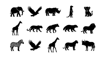 African Wildlife Silhouette Icons: Elephant, Lion, Giraffe, Zebra, Eagle, Rhino, Meerkat, Hyena, Jaguar, Bison, Vector Set © Shohel