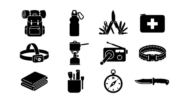 Outdoor Adventure Gear Icons: Backpack, Water Bottle, Multi-tool, First Aid Kit, Headlamp, Stove, Radio, Paracord Bracelet, Towel, Utensils, Compass, Knife