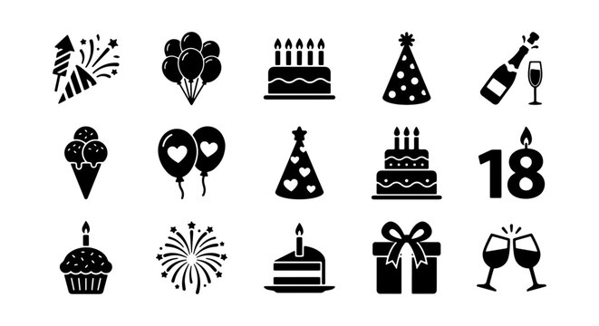Birthday Celebration Icons, 18th Birthday Elements, Party Vector Graphics, Festive Symbols, Anniversary Celebration