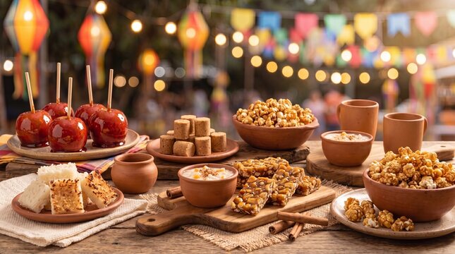 A festive table display featuring traditional Brazilian Festa Junina treats like candied apples, peanut candy, popcorn, and rice pudding, with blurry party lights.