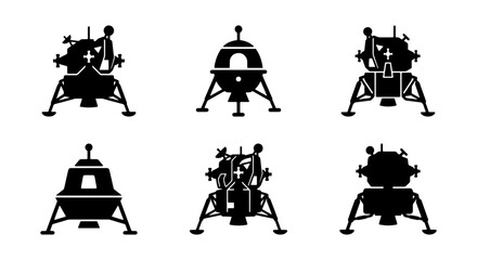 Spacecraft Landing Modules Set, Lunar Lander Icons, Rocket Ship Silhouettes, Sci-Fi Exploration Vector Graphics © Sadikur