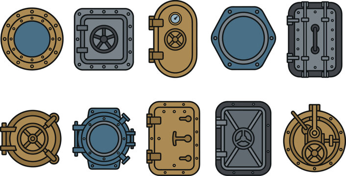 Submarine Hatch and Ship Porthole Window Icon Set with Industrial Bulkhead Doors Vault Locks and Nautical Metal Plate Elements for Graphic Designs