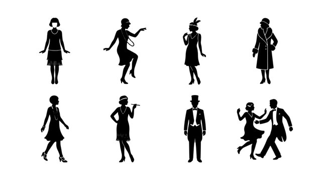 Art Deco Silhouettes: 8 Vintage Flapper & Gentleman Icons, Retro Party Dancers, Elegant Fashion Vector Set