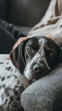 Calm black and white dog resting its head on a cozy gray sofa, enjoying a peaceful moment indoors. A gentle human hand is seen petting the relaxed pet, creating a warm atmosphere