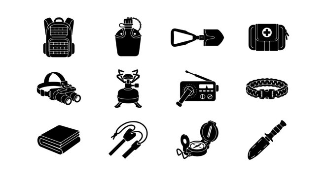 Outdoor Survival Gear Vector Icons Set: Backpack, Canteen, Shovel, First Aid Kit, Binoculars, Stove, Radio, Paracord Bracelet, Towel, Slingshot, Compass, Knife