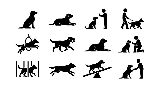 Dog Training Icons Set, Canine Obedience Silhouettes, Pet Agility Exercises Vector Collection