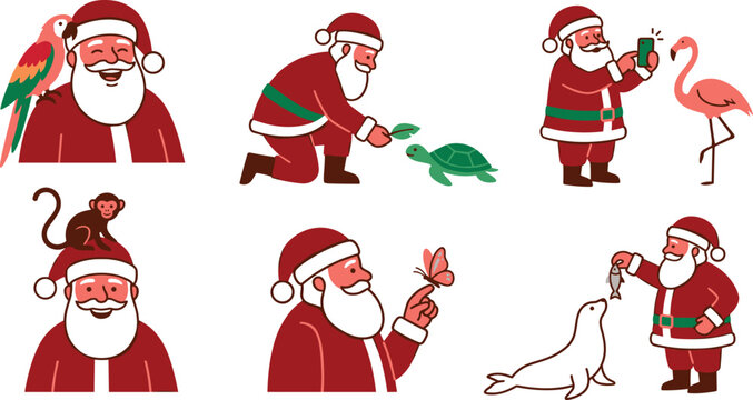 Tropical Summer Santa Claus Character Icon Set Interacting with Exotic Wildlife Animals Including Parrot Turtle Flamingo Monkey Butterfly and Seal