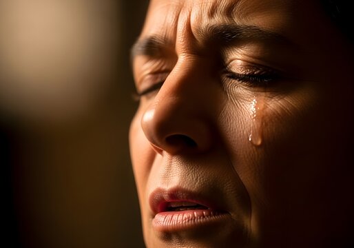Middle-aged woman experiencing stress closes her eyes tightly while pressing her fingers to her temples in a dimly lit room.